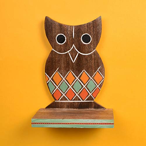 Image of AAKRITI ART CREATIONS Handcrafted Wooden Brown Tribal Art Owl Shelf | Modern Art Mango Wooden Shelves Wall Decor Shelf | Matte Finish Decorative Wall Hanging for Living Room, Entryway & Gifting