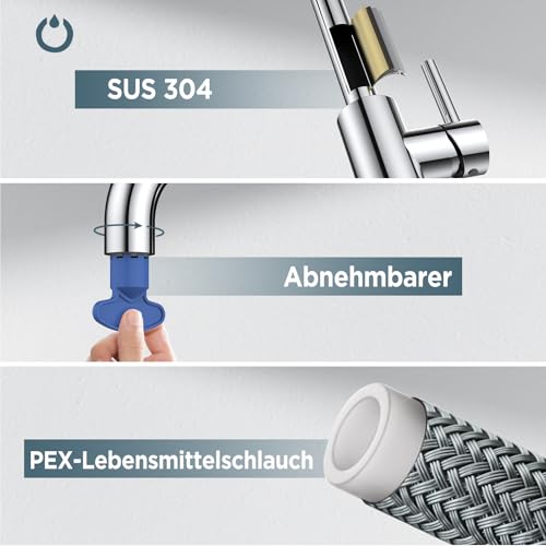 FORIOUS Wasserhahn Küche, Küchenarmatur mit 360°Drehbar, L Förmige Mischbatterie Küche Spülenarmatur mit Einhebel für 1 Loch, Geeignet für den Einsatz in Familienküchen, Wohnmobilen, Polierter Chrom