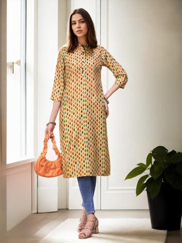 Image of V4M Womens Multicolor Polyester Ethnic Printed Straight Kurti | Kurta for Women