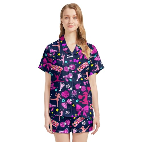 Image of Funny Satin Pajamas Set for Women Button Down Sleepwear Print Pjs Set 2 Piece Short Sleeve Loungewear Gift for Women