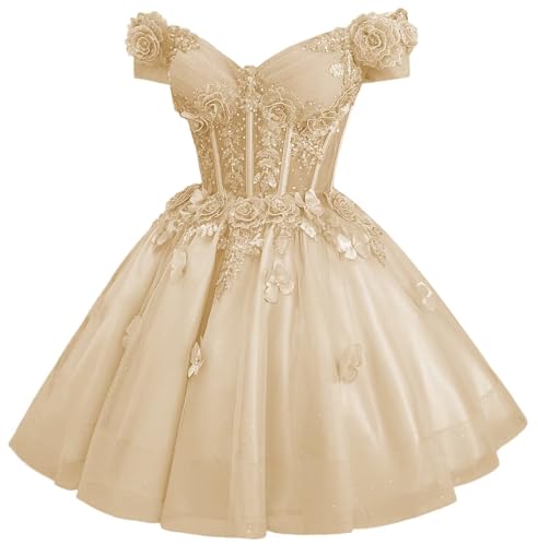 Zhangyo Sparkly Tulle Homecoming Dresses for Teens Off Shoulder DAMA Dresses for Quinceanera 3D Butterfly Short Ball Gown