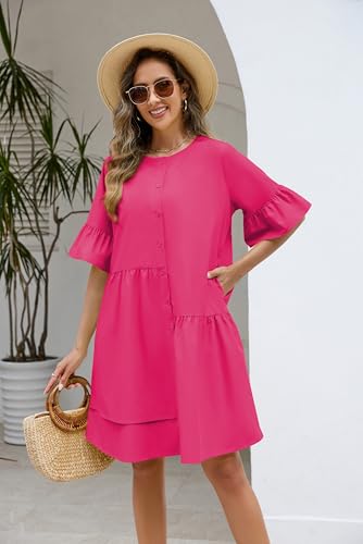 Image of Choichic Button Down Shirt Dresses for Women with Pockets Flare Bell Sleeve A-Line Midi Tunic Dress