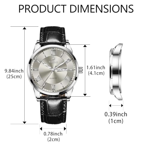 Taxau Mens Leather Watch Mens Wrist Watches Waterproof Analog Watches for Men Dress Watch Grey Dial Black Leather Band Luminous for Large Wrist Roman Number reloj de Hombre — view 6