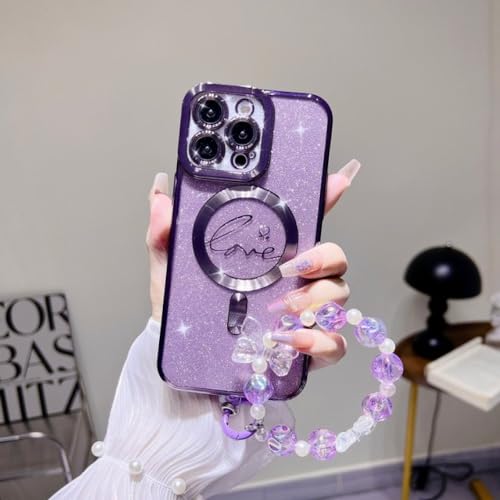 Étui de charge magnétique pour iPhone 13 avec chaîne bracelet pailletée violette