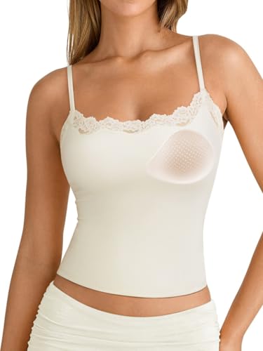 SUUKSESS Women Double Lined Lace Cami Tank Top Summer Padded Square Neck Going Out Tops Sleeveless Basic Shirts (White, Small)