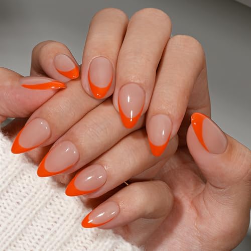 KQueenest Neon Orange French Tip Press On Nails Short Almond 30 Pcs Acrylic Press On Nails With Glue Glossy Soft Gel Fake Nails Press ons Reusable Natural Nude Glue on Nails for Women Summer