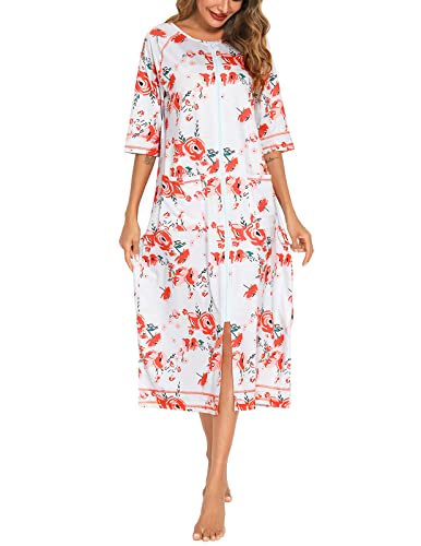 Image of Veseacky Women Robe Zipper Front House Coat 3 /4 Sleeve Nightgown Full Length Ladies Lounge Dress with Pockets S-XXL