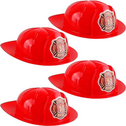 Cotiny 4 Pack Kids Firefighter Hats Plastic Fire Helmet Fireman Costume Hat for Kids Fireman Cosplay Halloween Party Decor (Color Style 3)