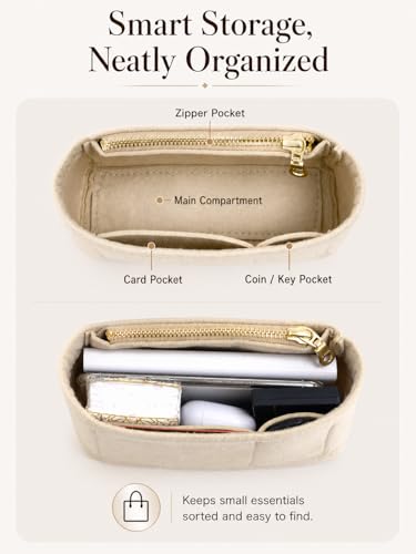 Image of Purse Organizer Insert & Leather Strap Conversion Kit Set, Compatible with Longchamp Le Pliage Mini Bag - Felt Inner Liner & Adjustable Shoulder Strap, Beige Insert & Beige Strap
