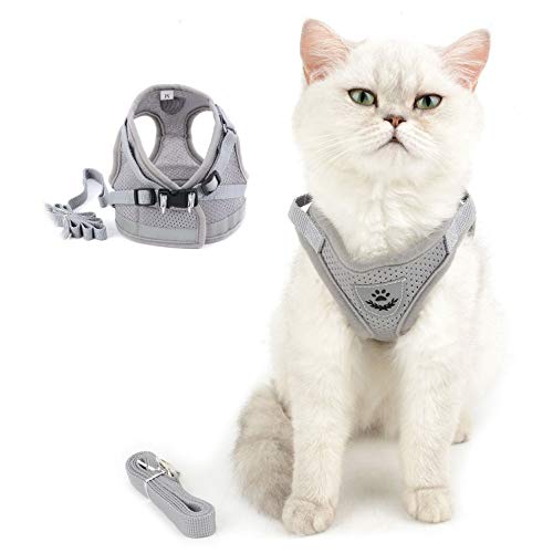 SELMAI Soft Mesh Harness for Cats Reflective No Pull No Choke Step-in Escape Proof Padded Vest for Puppy Small Dogs Boys Adjustable Leash Lead for Kitten Walking Chihuahua Yorkie Gray L