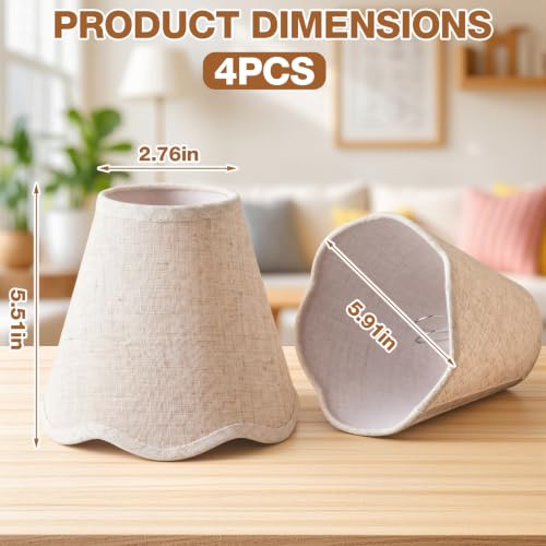 Glooglitter 4 Pcs Small Clip-on Chandelier Rattan Lamps Set Shade Scalloped Lampshade 3"top x 6"bottom x 5-1/4"slant Height Empire Lamp Shade Chandelier or Accent Lamp (Beige)