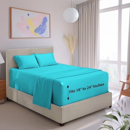 Image of Hearth & Harbor Extra Deep Pocket Sheets - 3 Piece Hotel Luxury Bed Sheets Set Fits Up to 24 inch Mattress - Ultra Soft Luxury Bed Sheet Set - Soft & Breathable, Twin, Beach Blue
