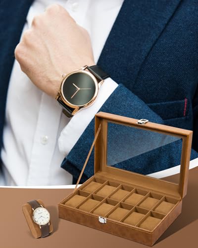 Image of Uten 12-Slot Watch Box, PU Leather Watch Case with Glass Lid, Brown | Watch Jewelry Storage Organizer Display with Velvet Lining, fits Watch Size up to 48mm, Gift for Men and Women, Birthday