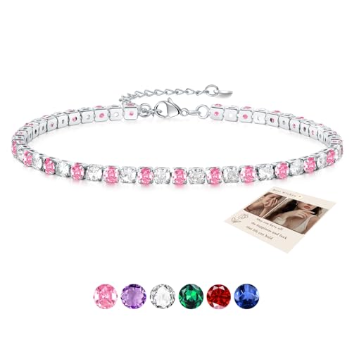 Ankle Bracelet for Women, Adjustable Slider Anklet Sparkling Cubic Zirconia Summer Ankle Chain Anniversary Birthday Graduation Jewelry Gift for Women Men with Gift Card & Box, Pink Stone