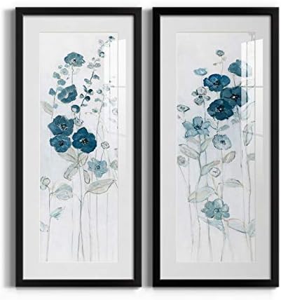 Renditions Gallery Canvas Flower Wall Art Decorations Paintings & Prints Vintage Blue Floral Modern Decor Canvas Frame Art for Bedroom Dining Room Living Room Office Home Kitchen Wall Decor - 12"x28"