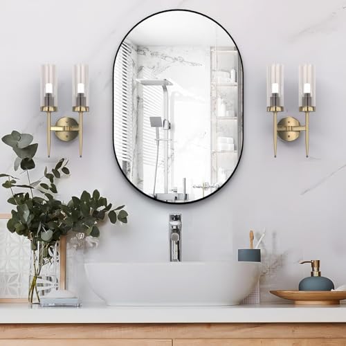 Image of Oval Wall Mirror with Durable Wooden Frame - 24 inchx16 inch (Black) | Modern Decorative Wall Hanging Mirror for Bathroom, Basin, Bedroom, Hostel Room Living Room, Dressing Table