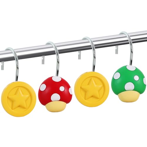 CTOHN 12PCS Mushroom Coin Shower Curtain Hooks Rings Red Green Yellow Decorative Shower Hangers for Bathroom Decor