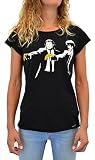 Camiseta de color: Negro Banksy Pulp Fiction Faces T-Shirt Mujer Made IN Italy Impresión del Manual de la Pantalla de Agua (M Mujer)