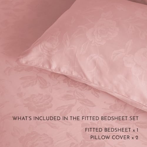 Image of Blue Dahlia 100% Cotton, King Size /Double, Elastic Fitted Bedsheet (72 inchx78 inch) + 2 Pillow Covers,Fits Upto 10 inch Mattress, 300TC Premium Bedsheet, Jacquard Rose Pattern - Cameo Rose