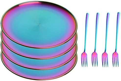 JYJFGSFA Rainbow Stainless Steel Dinner Plates Set with Fork, Set of 8, Colorful Metal Dessert Salad Plates for Eating Dinner Camping, Unbreakable and Reusable Kids Platter Indian Dishwasher Safe