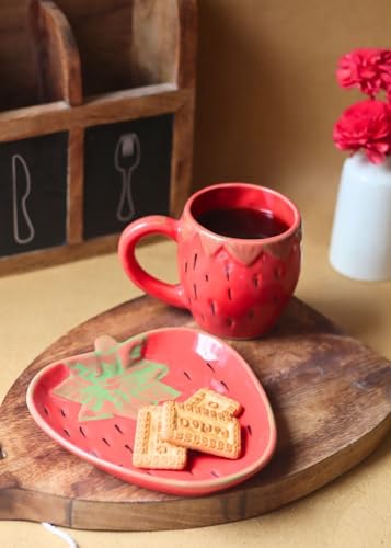 Image of WEAVING HOMES Handcrafted Ceramic Mug 250ml & Dessert Plate Set Strawberry Design Microwave Safe to Gift to Best Friend and Love Og Strawberry Mug & Dessert Plate (Set of 2, Multicolor)
