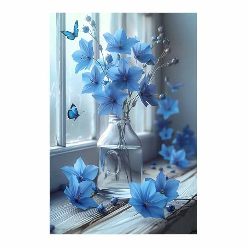 Vase papillon fleur bleue tableau pour apaiser l'ambiance