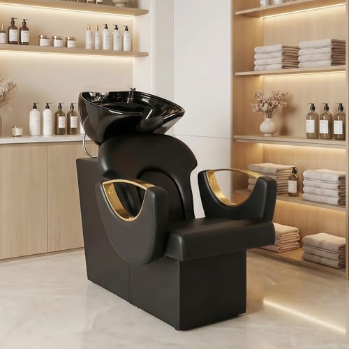 Image of Backwash Shampoo Station Chair for Salon, Adjustable Porcelain Ceramic Hair Wash Bowl, Shampoo Bowl for Spa Beauty Hair Salon Home Equipment