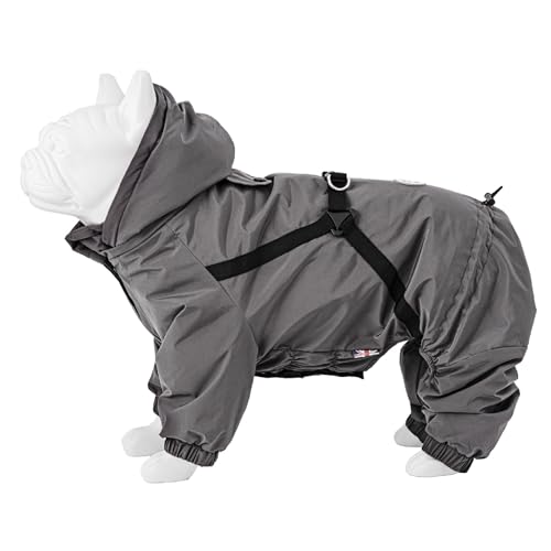 HUGO & HUDSON Winter-Schneeanzugjacke für Hunde, Winddicht mit Kapuze, Schnallen, Geschirr, Grau S35