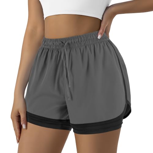 Yevrimow Women's 2 in 1 Running Shorts for Gym Yoga Workout Athletic Shorts High-Waisted Shorts with Liner Pockets