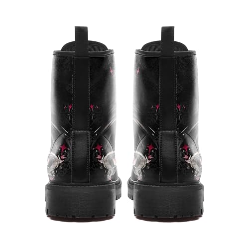 Womens Mens Gothic Combat Boots – Punk Rock Vegan Leather Ankle Booties Anti-Slip Skull & Roses Black Platform Work Boots4