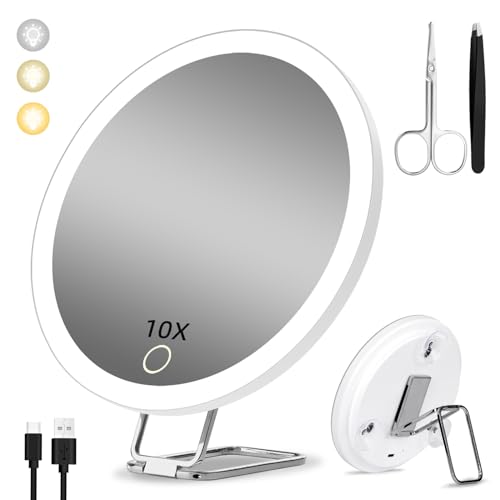 Suupvaor 10X Magnifying Mirror with Light, 3 Color Lights Dimming 15cm Large Rechargeable Lighted Magnified Mirror 10x with Suction Cups & Table Stand, Travel Makeup Mirror with Tweezers & Scissors