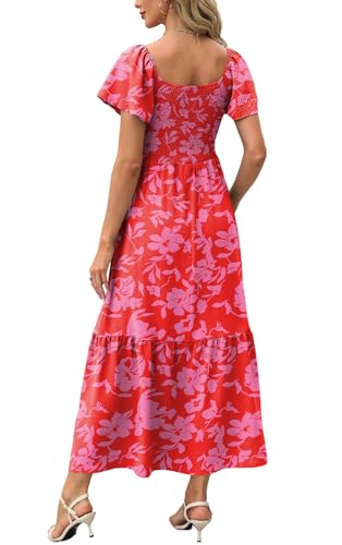 Image of OFEEFAN Summer Dresses for Women Square Neck Ruffle Sleeve Smocked Maxi Dress with Pockets