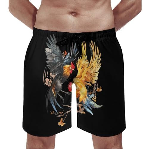 Rooster Chicken Fight Funny Men's Swim Trunks Printed Quick Dry Swimwear Beach Shorts With Pocket