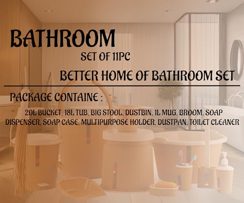 Nabhya Newton 11Piece Complete Plastic Bathroom Essential Set for Home, Kitchen & Bathroom Includes 20L Bucket, 18 L Tub, Big Stool, Dustbin, and More (Pack of 11) (Beige)
