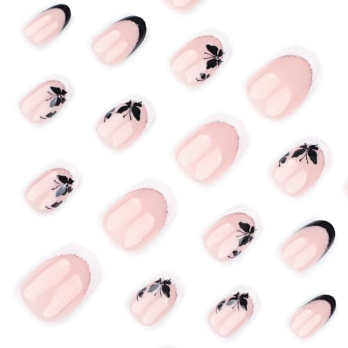 Image of Secret Lives Round Nail Art - White-Edged Press-On Nails with Black Butterfly Accents, Reusable Elegant Set, Lightweight Fit for Daily Style, Events, Parties, Travel, and Gifting