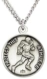 Men's Sterling Silver Round Saint Sebastian Football Medal + 24 Inch Endless Rhodium Plated Chain
