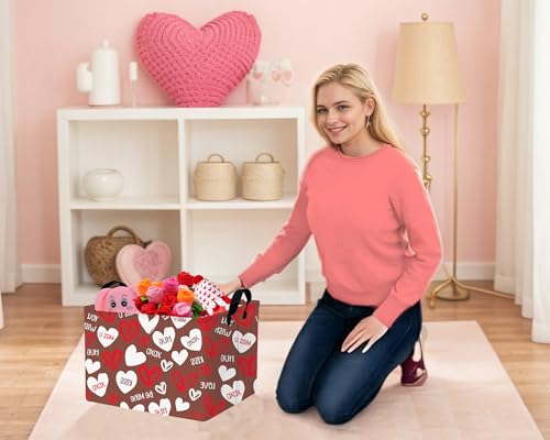 Image of Large Valentine's Day Basket Heart Shaped Storage Bin for Gifts Collapsible Organizer Room Decor (Brown Bottom White Red Love)