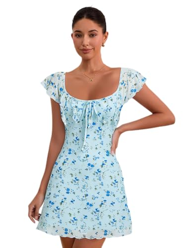 Image of Floerns Women's Floral Print Cap Sleeve Dress Square Neck Tie Front Summer A Line Cute Mini Dresses Blue M