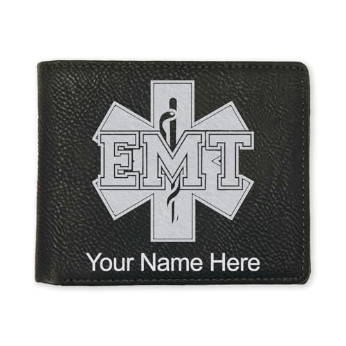 LaserGram Faux Leather Bi-Fold Wallet, EMT Emergency Medical Technician, Personalized Engraving Included (Black with Silver)