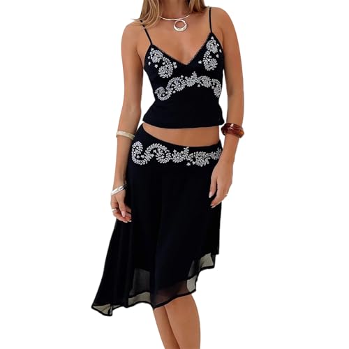 Women 2 Piece Outfit Midi-length Skirt Set Boho Floral Print Crop Cami Sheer Mesh Irregular Midi Skirt