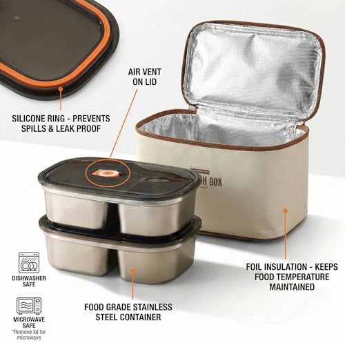Image of Stainless Steel Lunch Box Set (2400ML) with Insulated Carry Bag | 2 Layer Food Grade Steel Containers, Leakproof Lid with Silicone Seal & Air Vent, Microwave, Dishwasher Safe