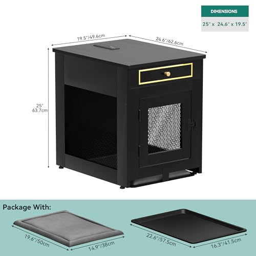 DWVO Dog Kennel Furniture with Dual USB Charger, Dog Crate End Table with Tray, Wooden Dog Crate Furniture with Cushion for Small Dogs, Black - Image 3