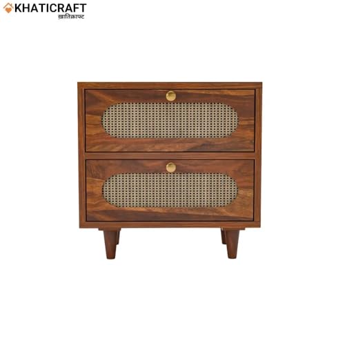 Image of Solid Sheesham Wood Rukm Bedside Table with 2 Storage Drawer | Wooden Bedside End Tables, Bed Side Nightstand Lamp Table for Room Furniture, Bedroom, Home & Hotels (Honey Finish)