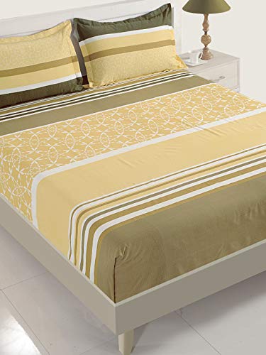 Image of Swayam Roto Cotton King Fitted Bedsheet with 2 Pillow Covers | Size 72 x 78 x 10 inch | 144 TC | Striped Design | Soft Breathable Bed Sheet | Comfortable & Durable for Bedroom - Yellow & Green