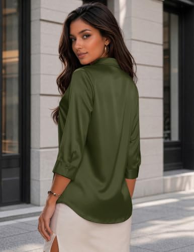 Image of Zeagoo Womens Satin Blouses Button Down Shirts 3 /4 Sleeve Dressy Tops S-2XL