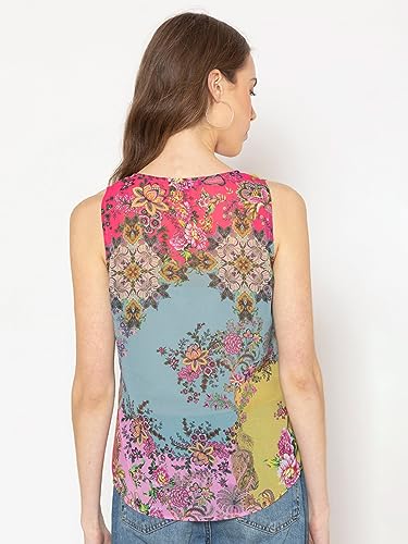 Image of SHAYE Pink Casual Sleeveless V-Neck Floral Printed Georgette Top for Women