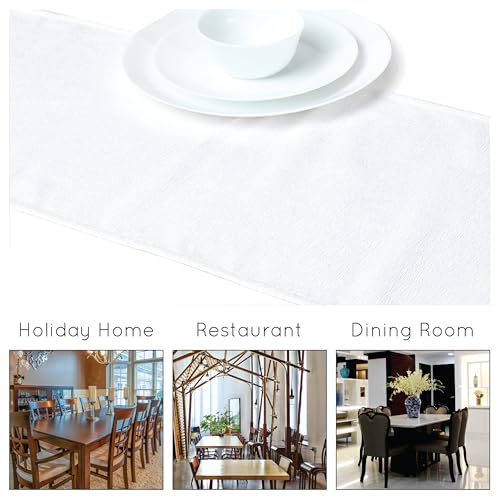 Image of Encasa XO Fine Chenille Table Runner for Dining with V-End and Tassels, 4 Seater Size 32x150 cm - White | Decorative Cloth for Party, Wedding, Home, Cafes, Restaurants & Hotels