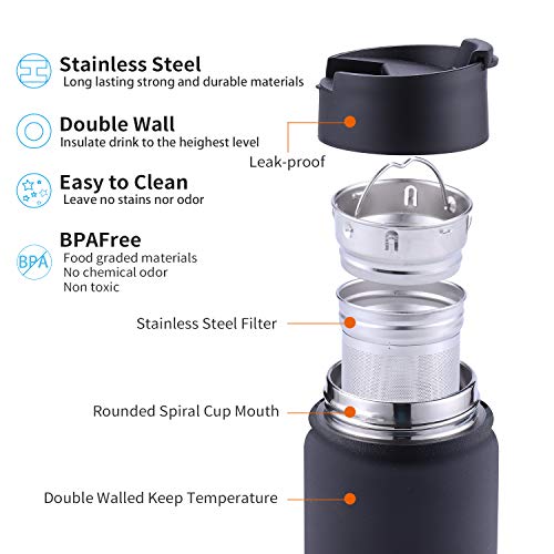 Tea Infuser Bottle With Removable Loose Leaf Tea Strainer Cup 18/8 Stainless Steel Portable Insulated Travel Tea Tumbler Black
