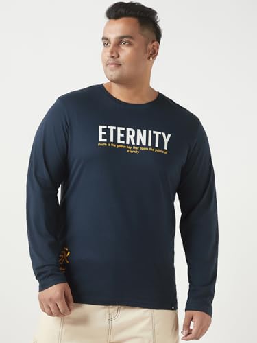 Image of Bewakoof Plus Men's Graphic Print Regular Fit Full Sleeve Round Neck Cotton Plus Size T-Shirt