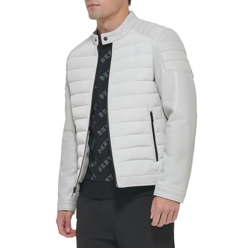 Image of DKNY Men's Mixed Media Faux Leather Puffer Motocross Racer Jacket